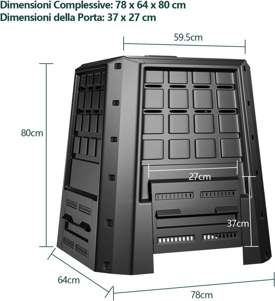 Compostiera da Giardino da 380L, Bidone per Compostaggio da Esterno con Coperchio e Prese d'Aria Regolabili, Barile per Compost per Creare Terreno Fertile Velocemente