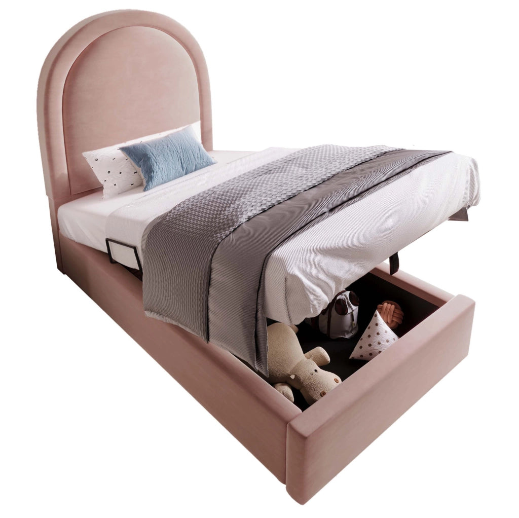 Letto imbottito singolo 90x190 cm con contenitore; velluto rosa