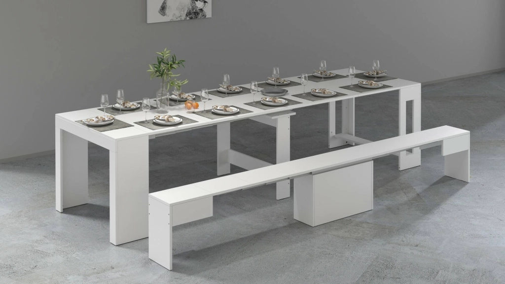 Badesi, set Tavolo e Sedie 12 Posti Made in Italy, Bianco Lucido