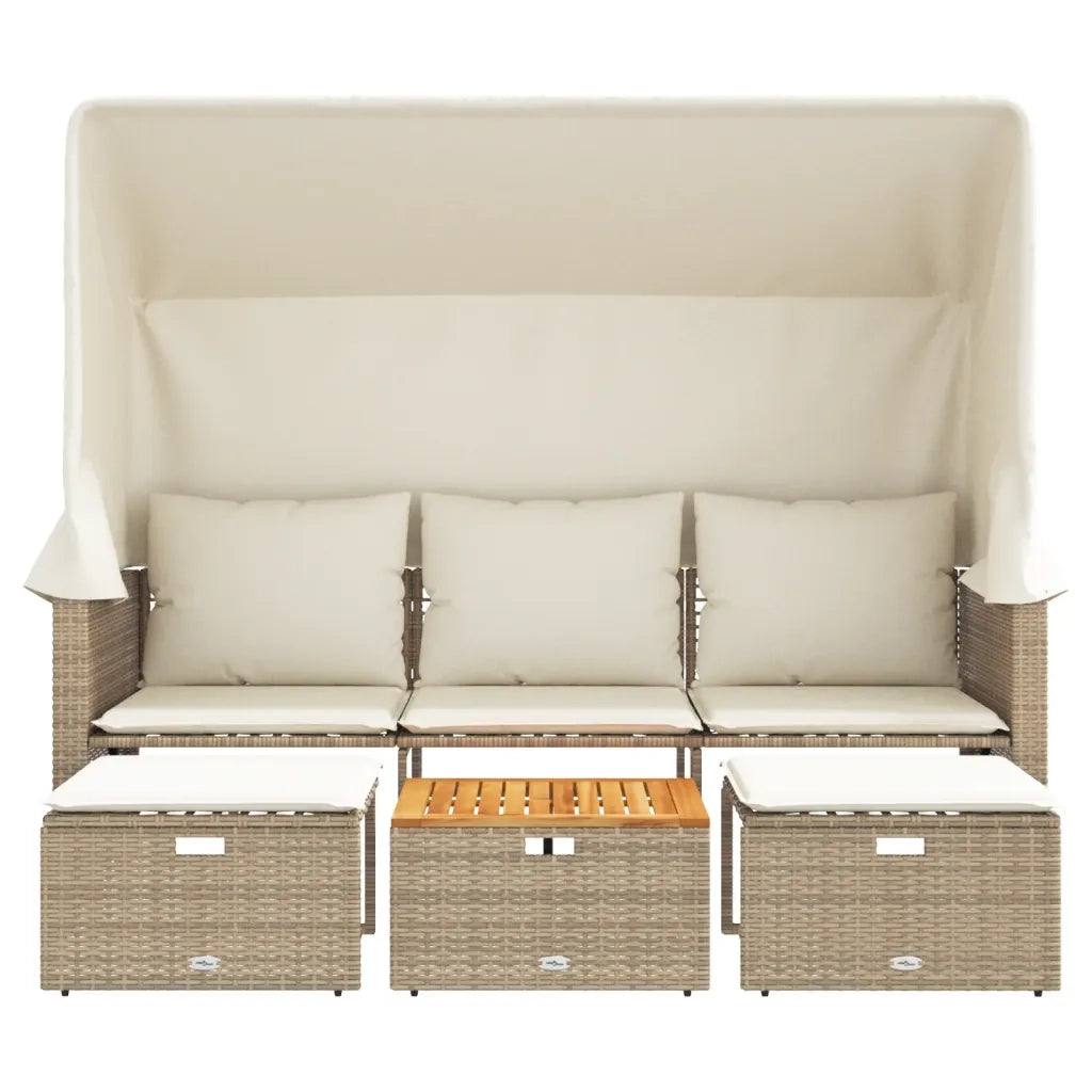 Divano Giardino 3 Posti Baldacchino e Sgabelli Beige Polyrattan
