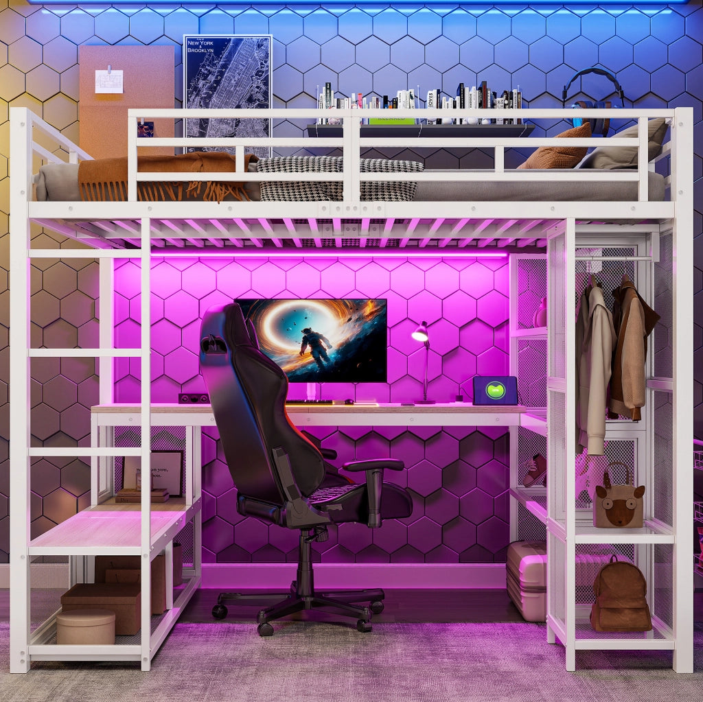 Letto a soppalco 140x200 cm con scrivania; LED e armadio aperto in metallo e MDF bianco