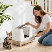 Lettiera per Gatti in Acciaio Inox XL con Coperchio Ribaltabile Laterale Alto Pala Facile da Pulire Antifughe Grigio Chiaro