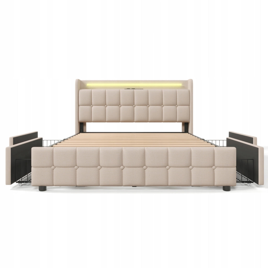 Letto imbottito 160x200 - Xylo - USB, LED, 4 cassetti beige