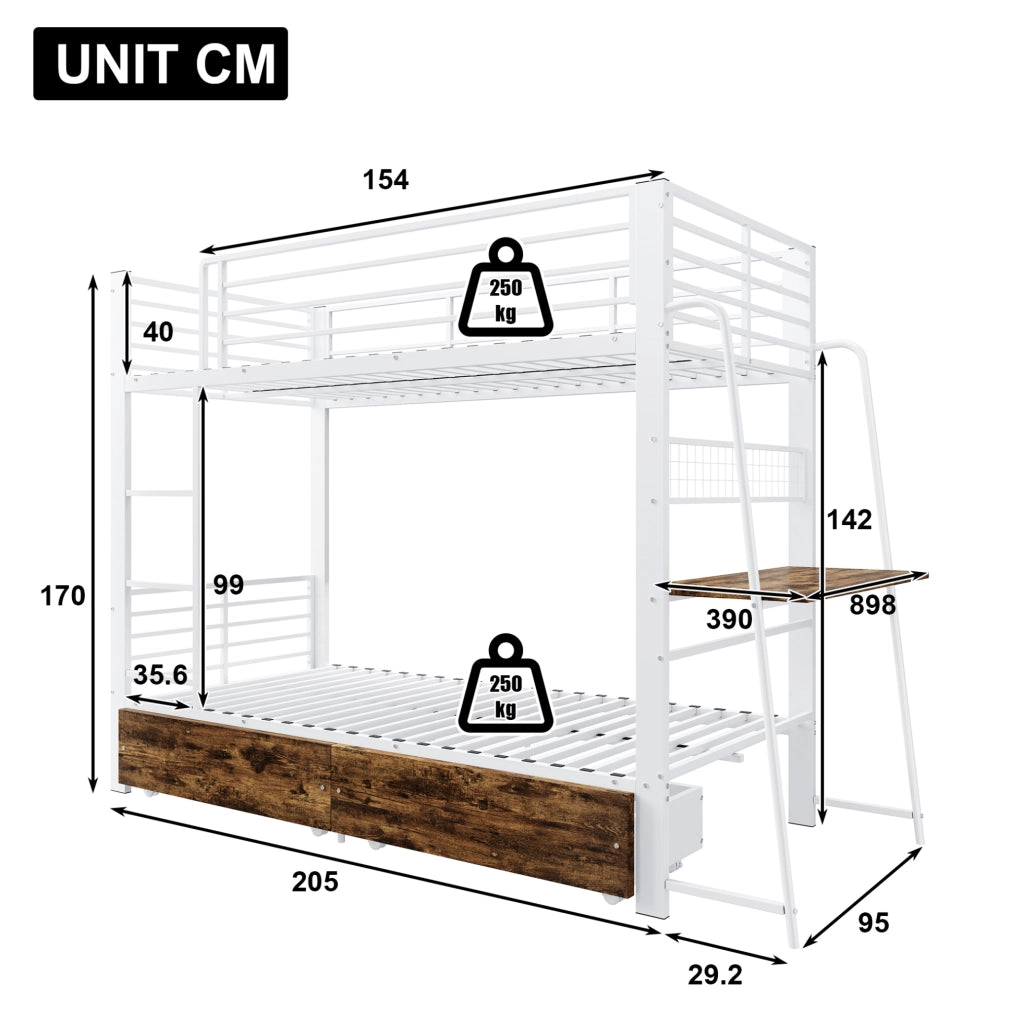 Letto a soppalco 90x200 cm con scrivania; illuminazione LED; MDF e metallo; bianco