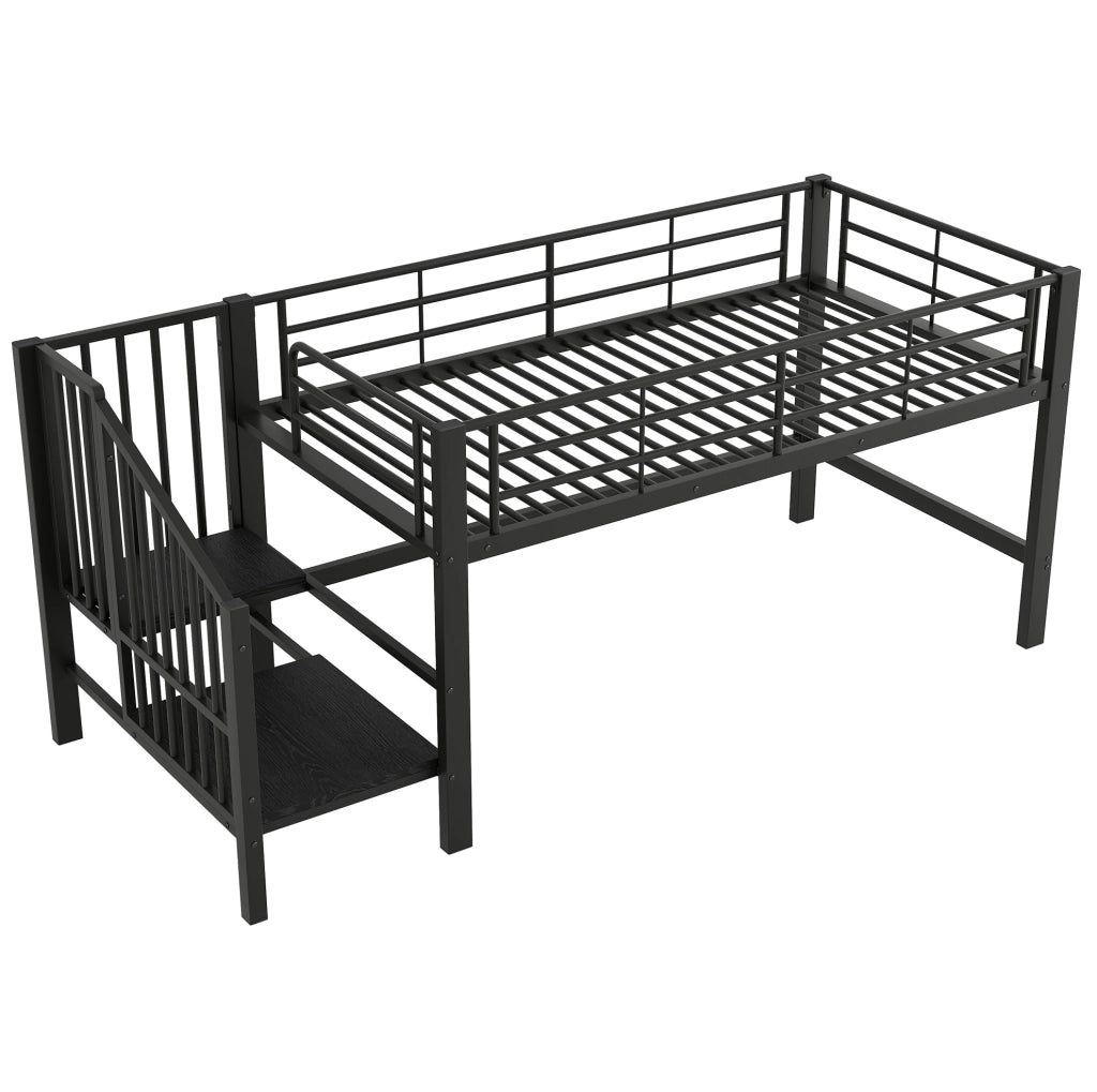 Letto a soppalco 90x200 cm nero in MDF e metallo; scala contenitore