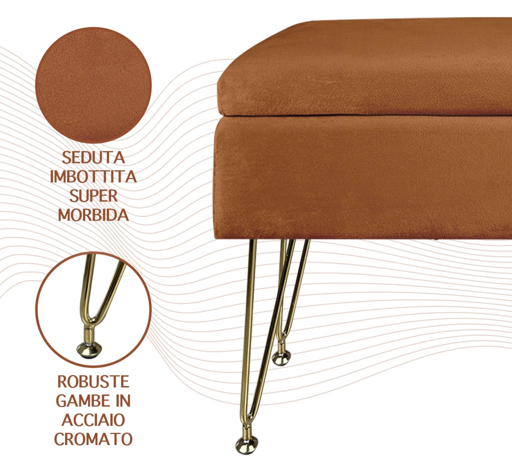 Pouf Panca Imbottita Divanetto In Velluto Contenitore PortaOggetti Panca Sgabello A Pie Di Letto Con Gambe In Metallo Dorato Cassapanca Scarpiera Ingresso Legno Massello Panchina  - Ruggine