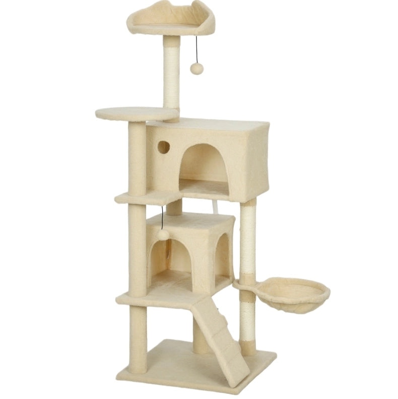 Tiragraffi ULEVR beige con piattaforme, cuccia, amaca, scala e pali rivestiti in sisal