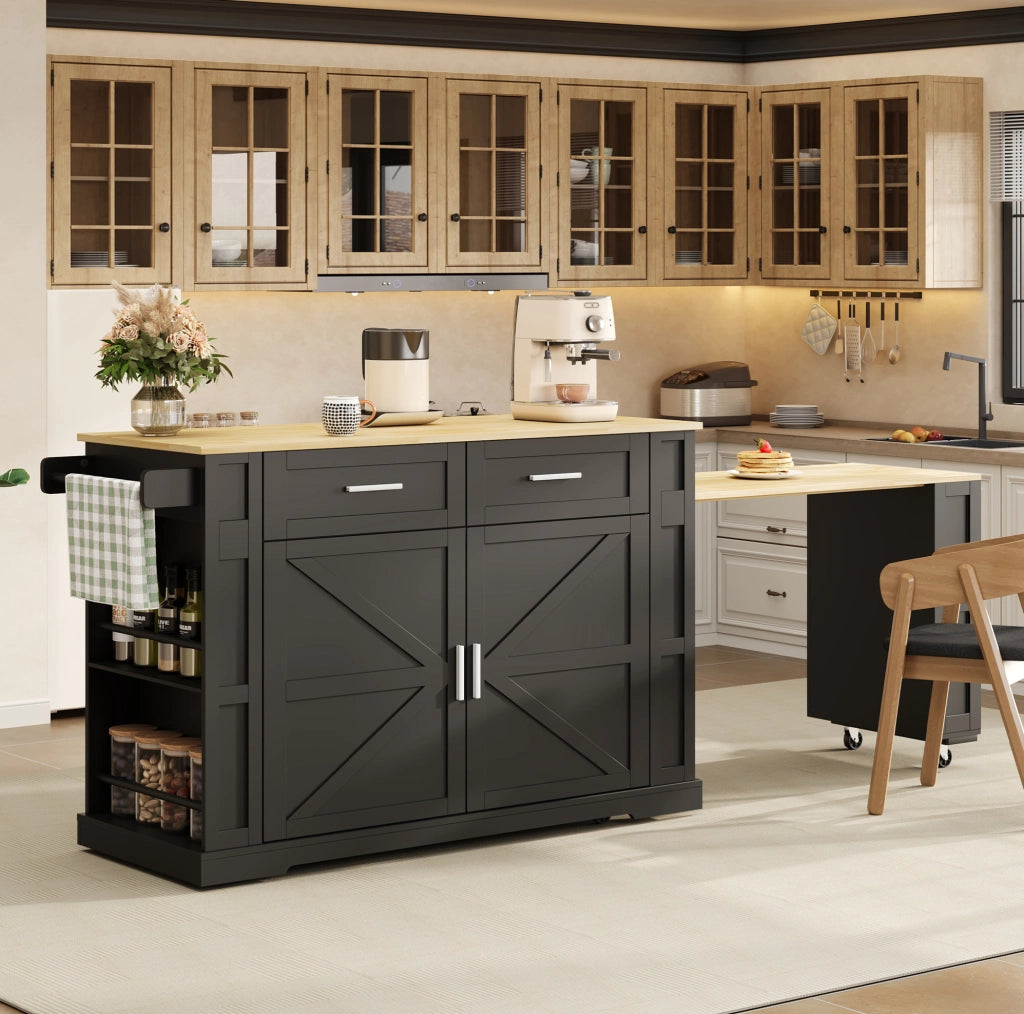 Isola cucina mobile con piano estraibile e prese USB, nero/rovere