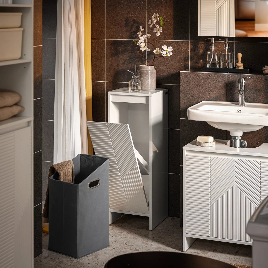 Portabiancheria Bianco per Bagno, Mobiletto Salvaspazio con Cesto per Biancheria, 30x30x87cm BZR154-W