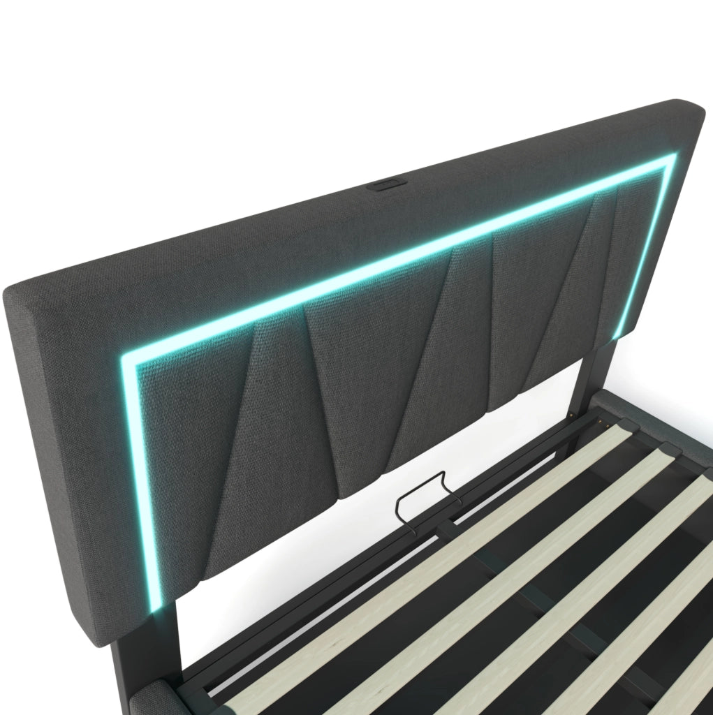 Letto matrimoniale 160x200 cm con contenitore; LED; USB e Type-C; testiera regolabile; lino grigio