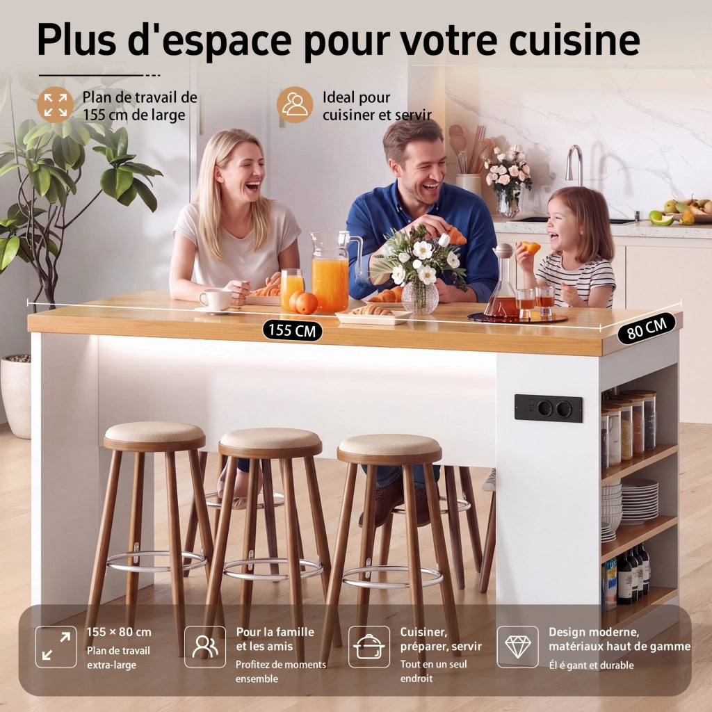 Carrello da cucina con 3 ripiani aperti; LED; prese e porte USB; per cucina e sala da pranzo; 155 × 80 × 90 cm