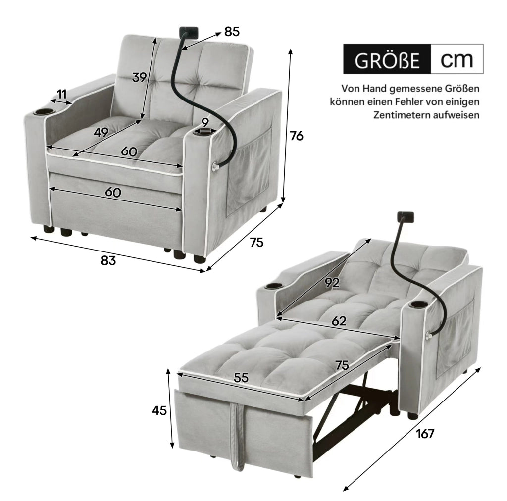 Divano letto singolo 3 in 1 estraibile 83 x 167 x 76 cm; grigio antico bianco