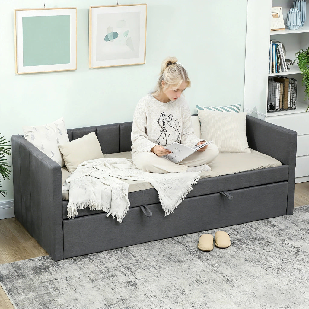 Letto Singolo con Secondo Letto Estraibile 205x181x70 cm Rivestimento in Tessuto e Braccioli Grigio Scuro