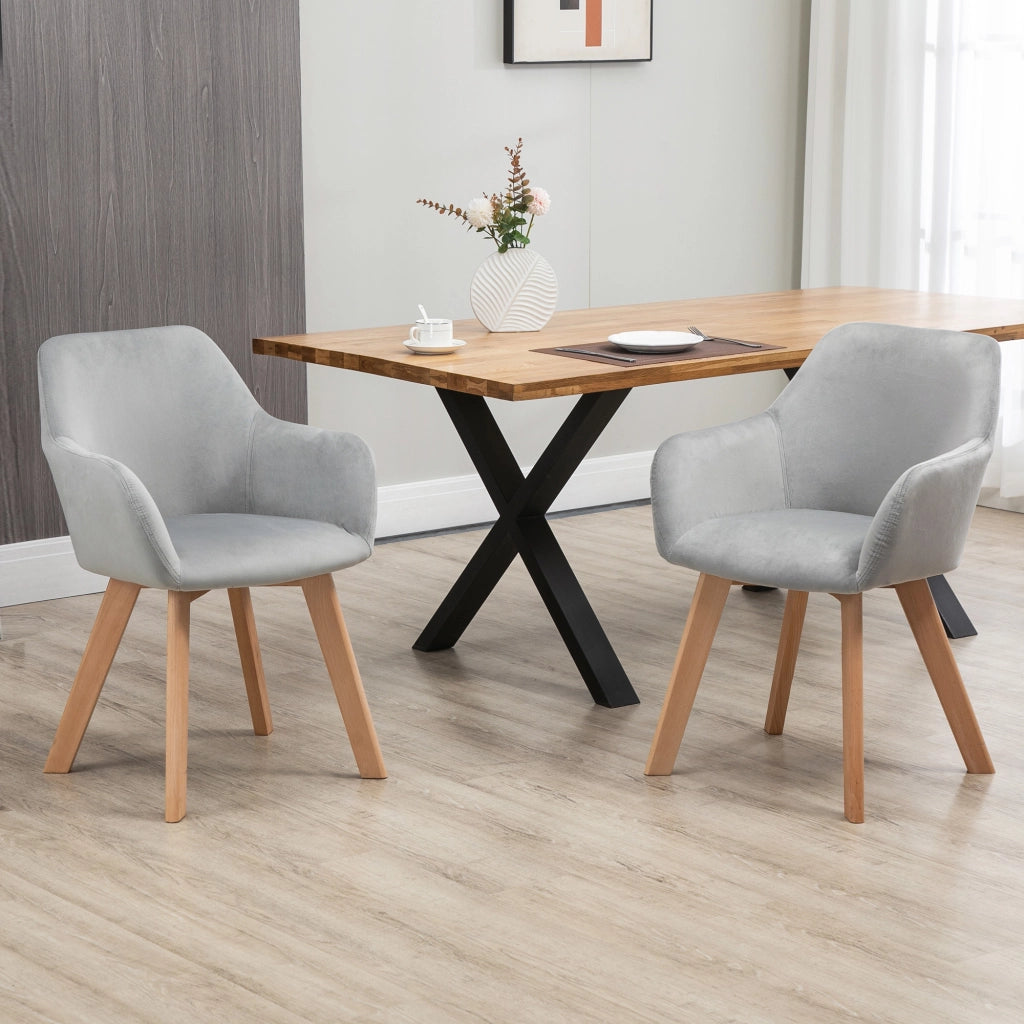Set 2 Sedie per Sala da Pranzo Imbottite in Velluto con Braccioli e Gambe in Legno, Grigio