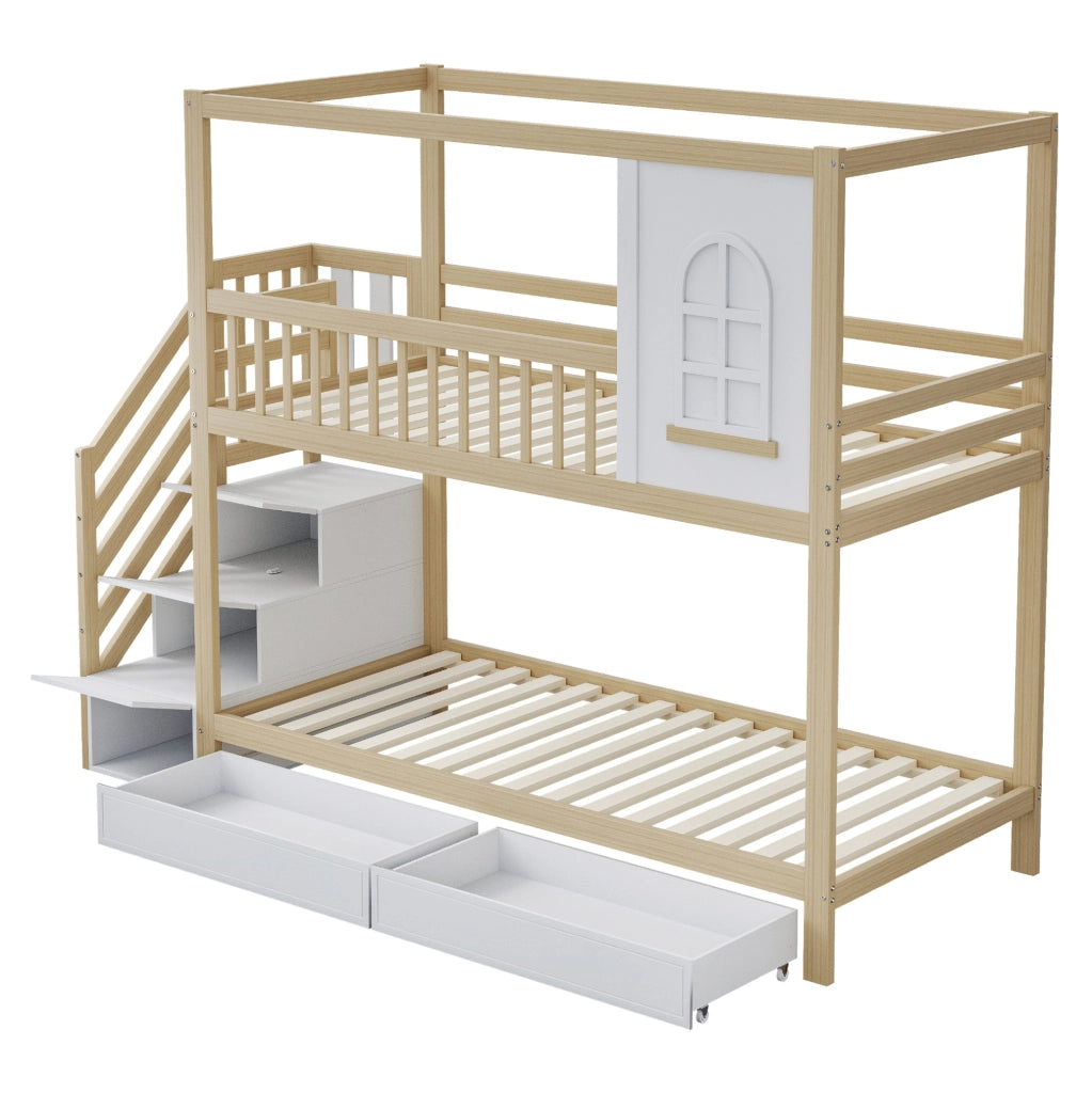 Letto a castello 90x200 cm con scala e cassetti; sponde di sicurezza in legno colore naturale