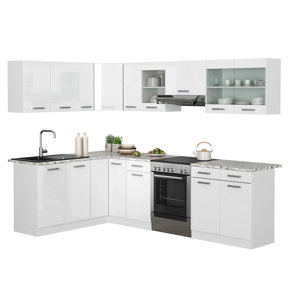 Vicco Cucina ad angolo Bianco/bianco lucido 267 x 167 cm , PL Marmo con striscia LED