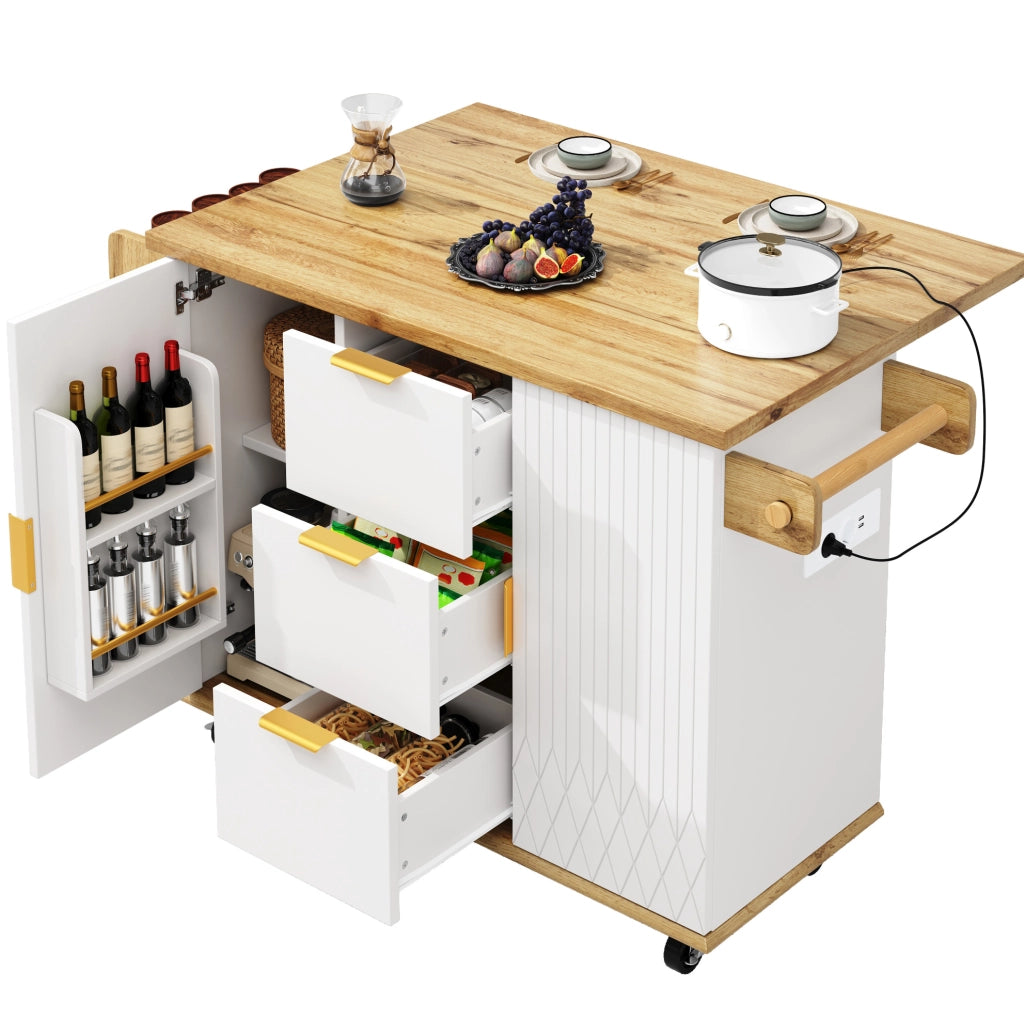 Carrello cucina mobile con piano pieghevole e prese, bianco