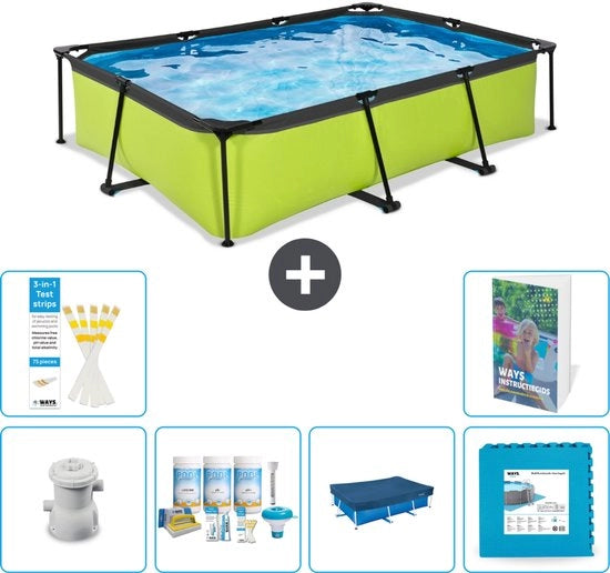 Piscina Rectangolare con Cornice Lime - 300 x 200 x 65 cm - Compreso Set di Manutenzione - Copertura - Piastrelle - 7 pezzi