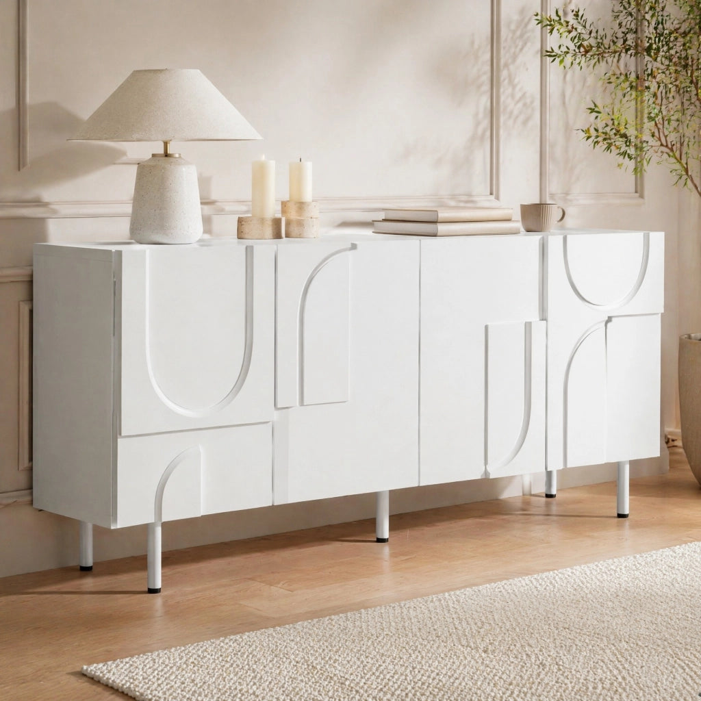 Sideboard moderno geometrico bianco 160 cm con ampia capacit¨¤ contenitiva e chiusura silenziosa