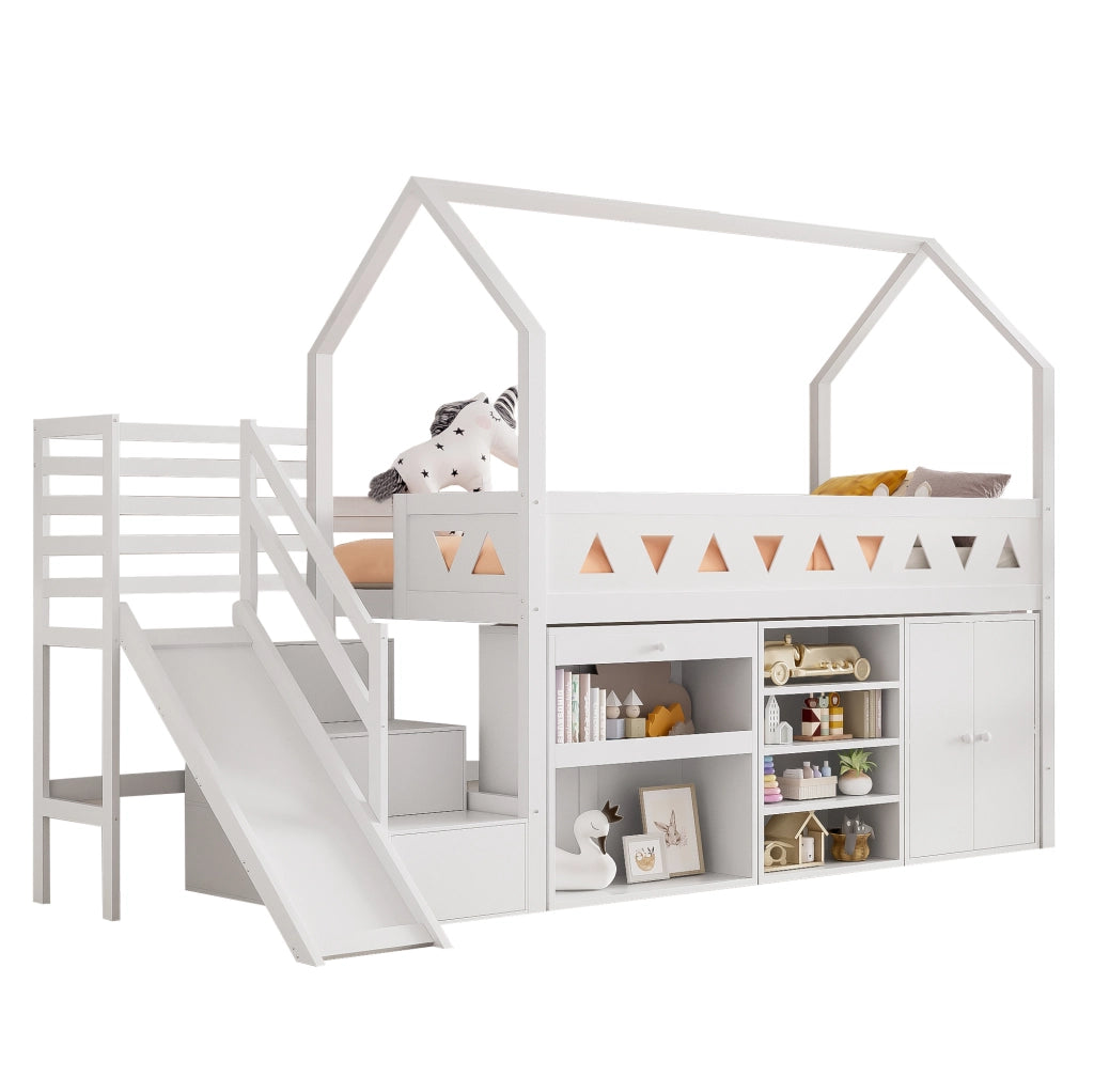 Letto per bambini 90x200 cm con scivolo; scala e cassetti; in legno massiccio bianco