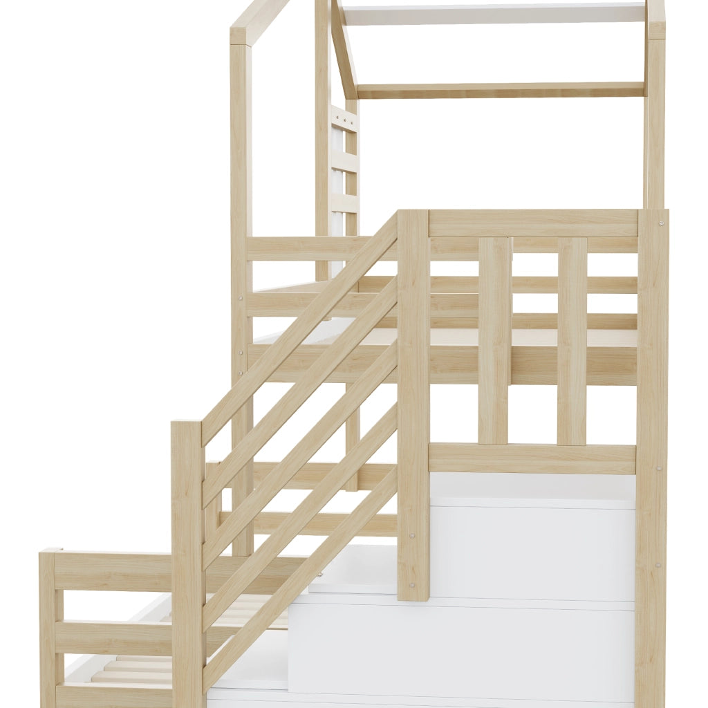 OKWISH Letto a Castello 90×200 cm e 140×200 cm, Letto 3 Posti con Scala Contenitore, Finestra e Spondine, senza Materasso, Naturale