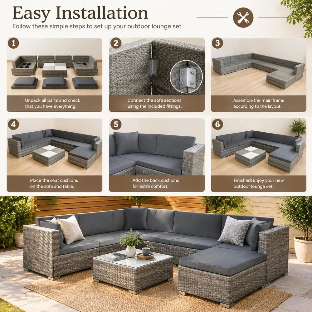 8-piece Garden Lounge Set With Cushions, Poly Rattan, Grey