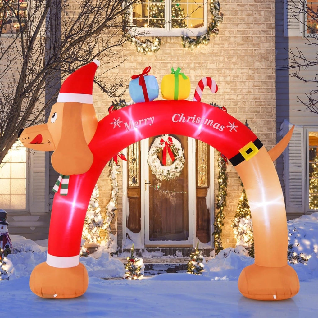 Decorazioni Natalizie, Arco Gonfiabile Natalizio con Cane 242 CM, 5 Luce LED, Soffiatore Incorporato, Addobbi Natalizi per Esterno Interno per Casa, Giardino, Cortile