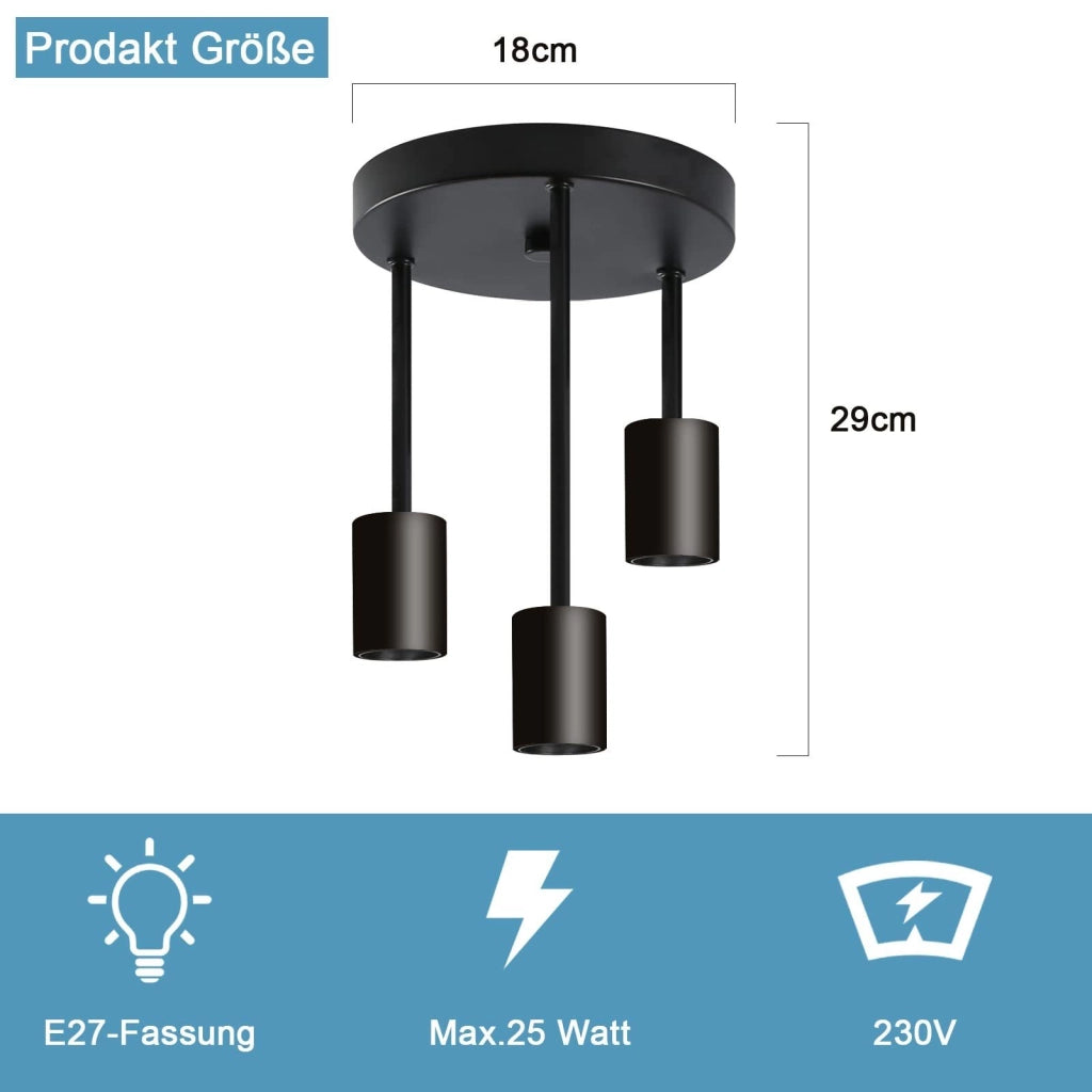 ZMH Faretto da soffitto neri tripli E27 stile industriale retrò per ristorante corridoio soggiorno senza lampadina