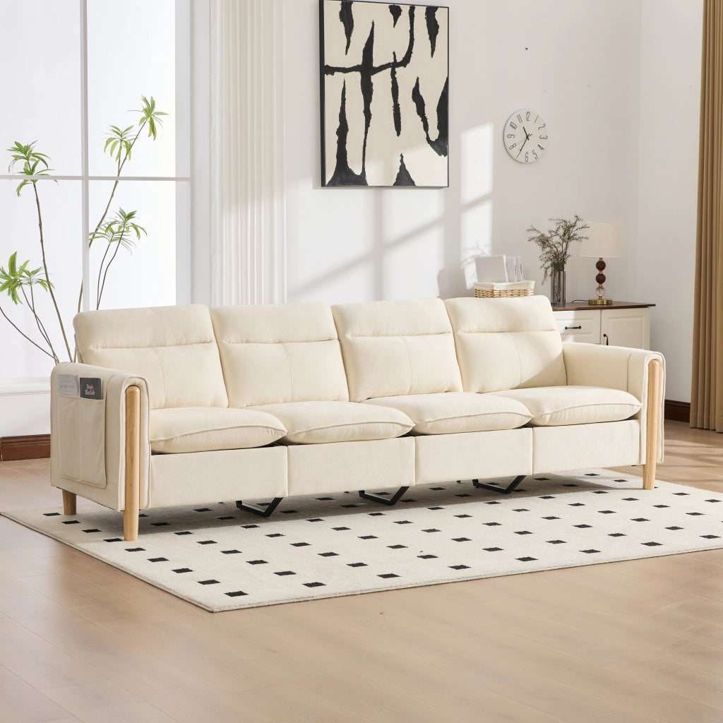 Divano panoramico a U 4 posti con contenitore e tasche laterali in ciniglia beige
