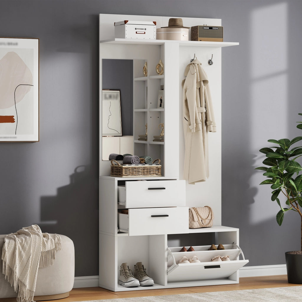 Mobile da ingresso con specchio a figura intera, 2 cassetti, scarpiera ribaltabile e 3 ganci, in MDF, bianco 90 × 30 × 180 cm