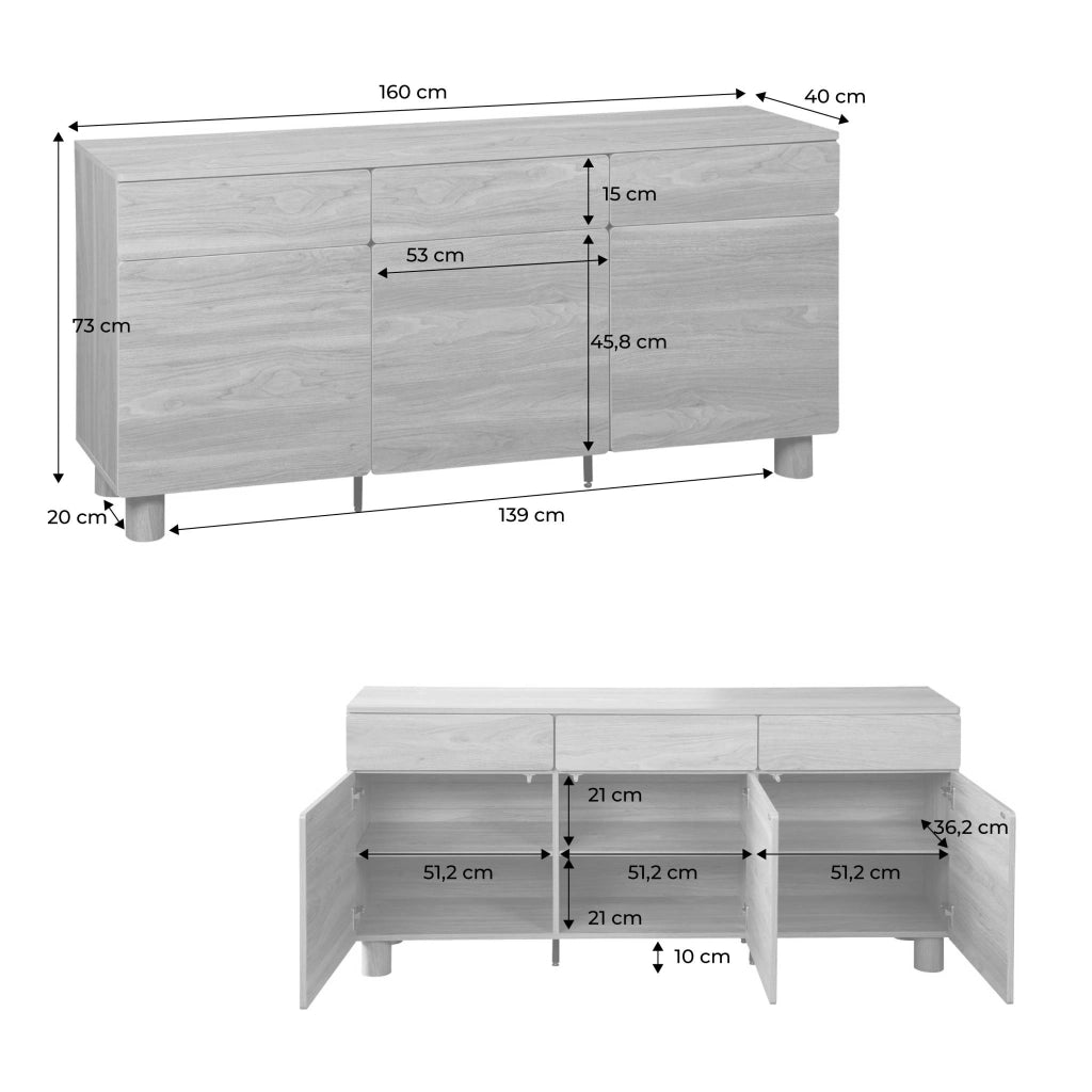 Credenza a 3 ante effetto legno, 3 cassetti , legno di nocciolo