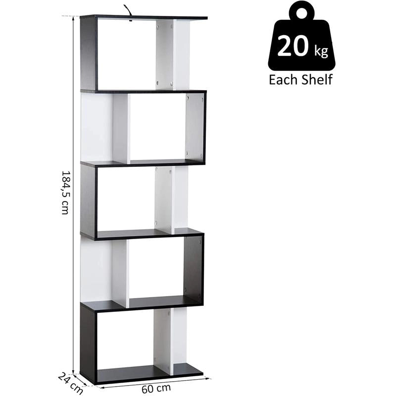 LIBRERIA DA MURO MODERNA 5 RIPIANI 60 X 24 X 184.5 CM IN LEGNO BIANCO E NERO