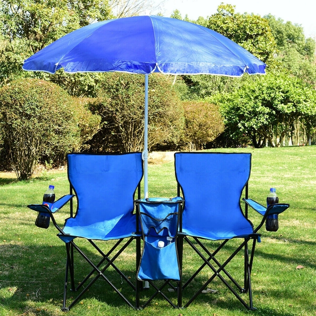 Sedia da picnic in acciaio portatile e pieghevole-Sedia da esterno con ombrellone mini tavolo porta bevande Blu