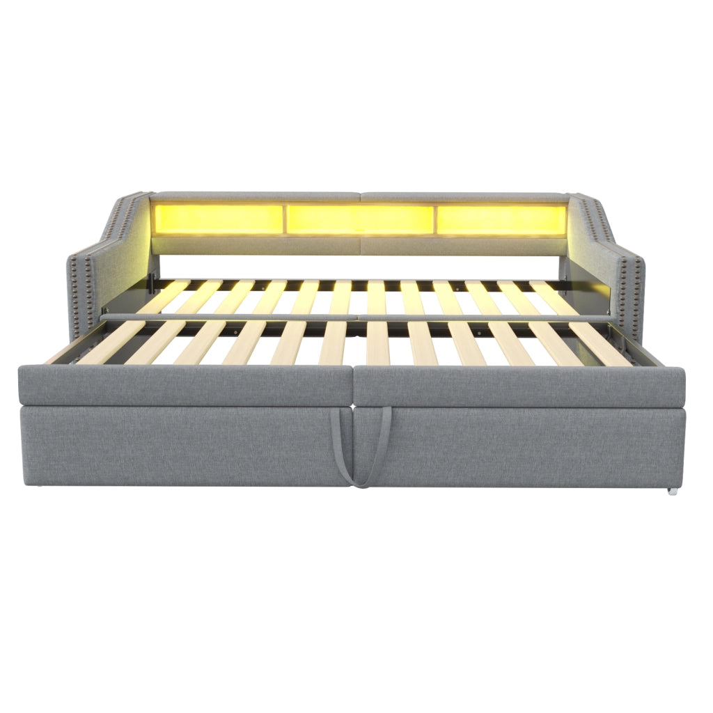 Letto divano estraibile 90 × 200 cm con contenitore laterale, USB, LED, 2 materassi inclusi, grigio chiaro