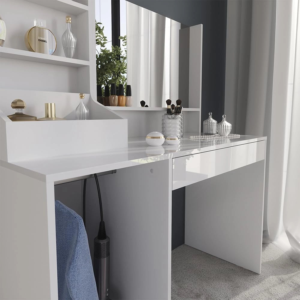 Tavolo da toeletta Sherry, Bianco/bianco lucido, 119.8 cm 3 parti, con specchio superiore per l'uso quotidiano e l'organizzazione