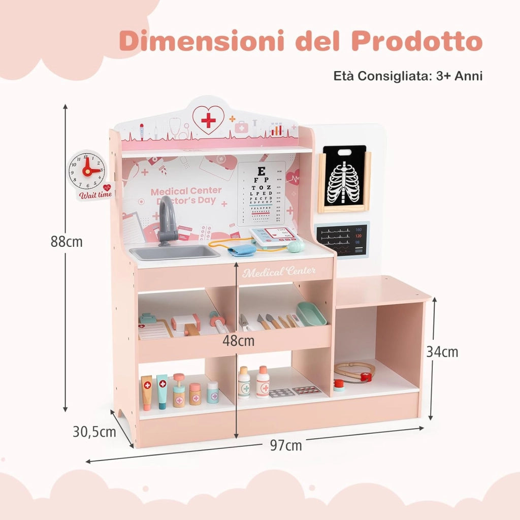 Set da Gioco Dottore in Legno, Centro Medico per Bambini con Orologio, Lavandino, Tabella Oculistica, Monitor ECG, Area Esame e 24 Accessori Giocattolo, 97 × 30,5 × 88 cm (Rosa)