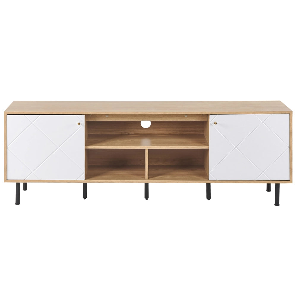 Mobile TV Legno Chiaro Bianco Truciolare Metallo 160 x 56 x 40 cm per TV fino a 70ʺ 2 Ante 3 Ripiani Gambe Nere Design Scandinavo Soggiorno
