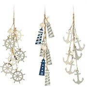 Decorazione da appendere, marina, decorazione per appendere, albero di timone, ancore e faro con conchiglie, decorazione da appendere in legno (3 pezzi, grigio/bianco/blu)