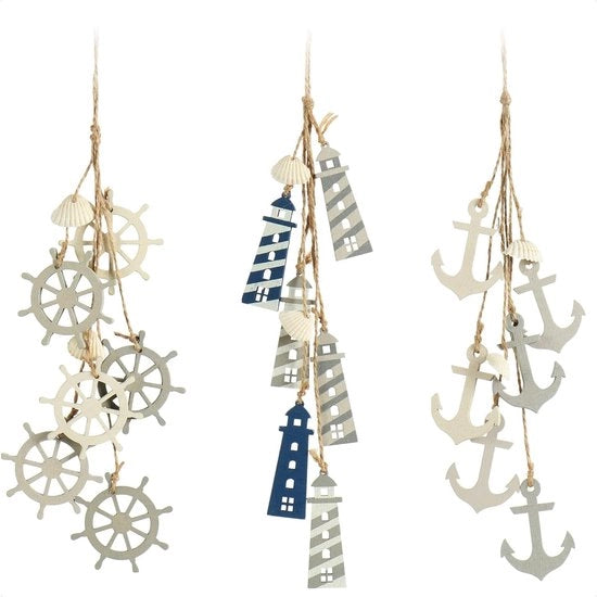 Decorazione da appendere, marina, decorazione per appendere, albero di timone, ancore e faro con conchiglie, decorazione da appendere in legno (3 pezzi, grigio/bianco/blu)