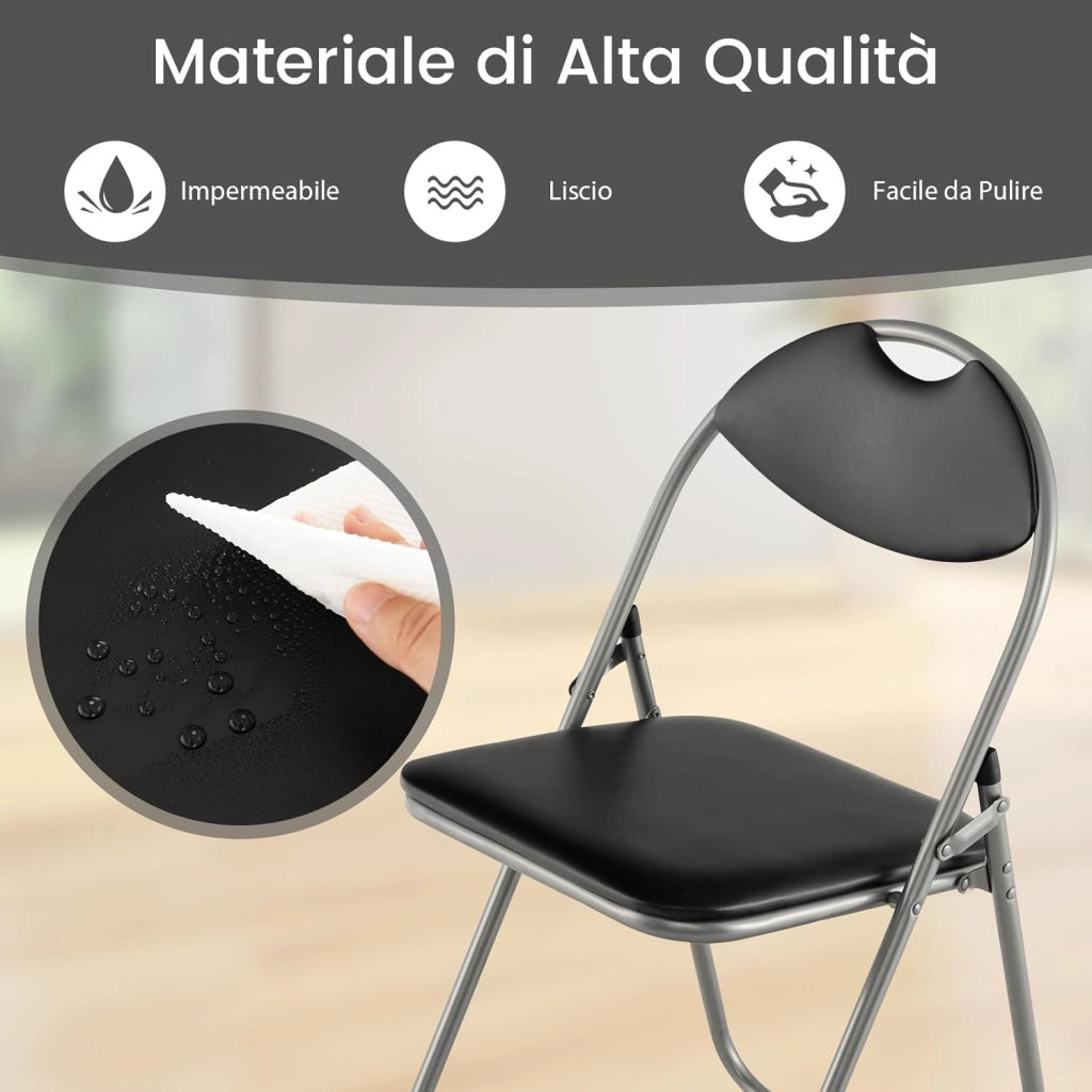 Set di 4 Sedie Pieghevoli Imbottite e Struttura in Metallo, Sedie da Pranzo Salvaspazio con Antiscivoli, Sedie Sala Riunione per Interno ed Esterno, 47 cm x 46 cm x 80 cm (Nero)