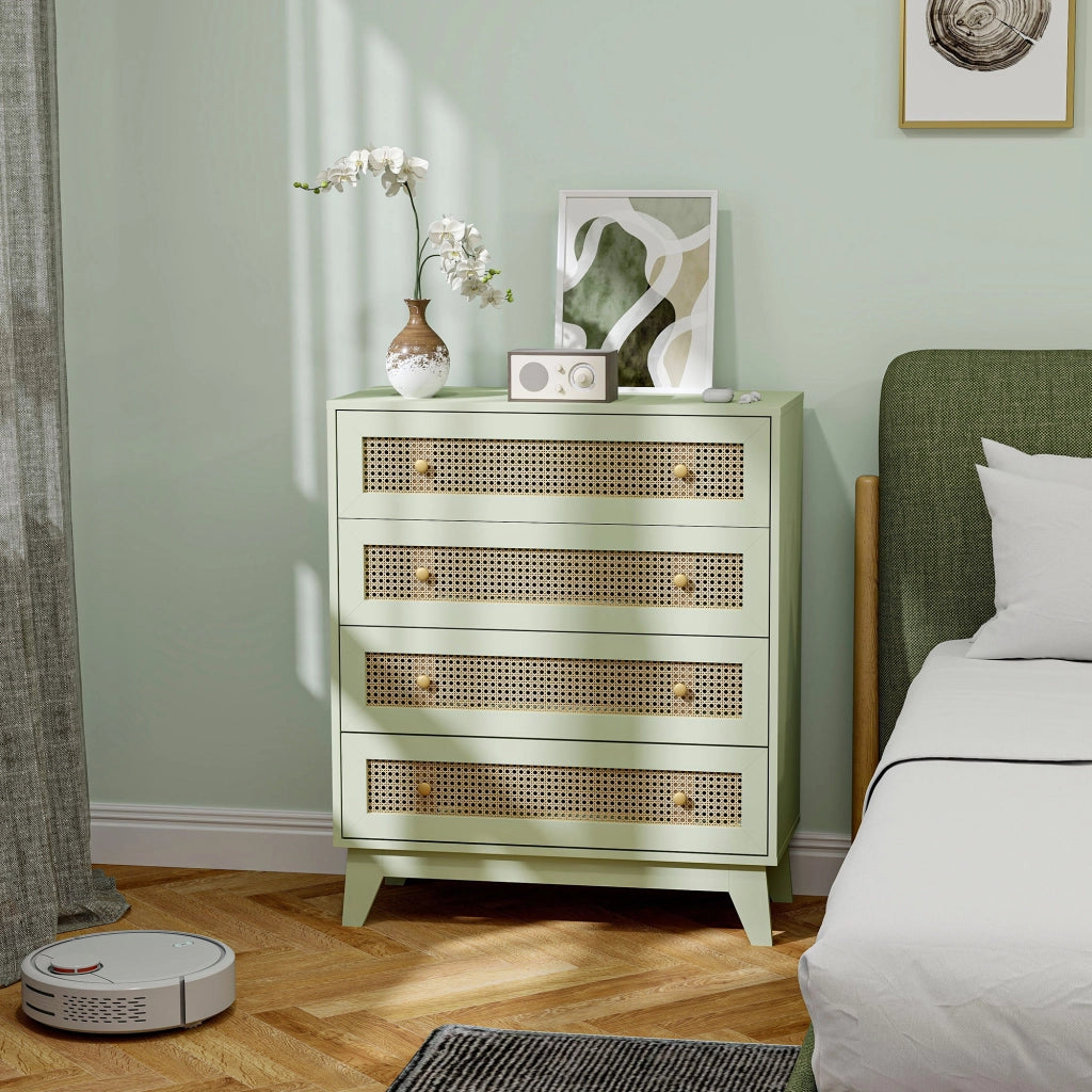 Cassettiera 4 Cassetti Cannage ¨C Minimal ¨C 80x35x95 Legno Chiaro Verde