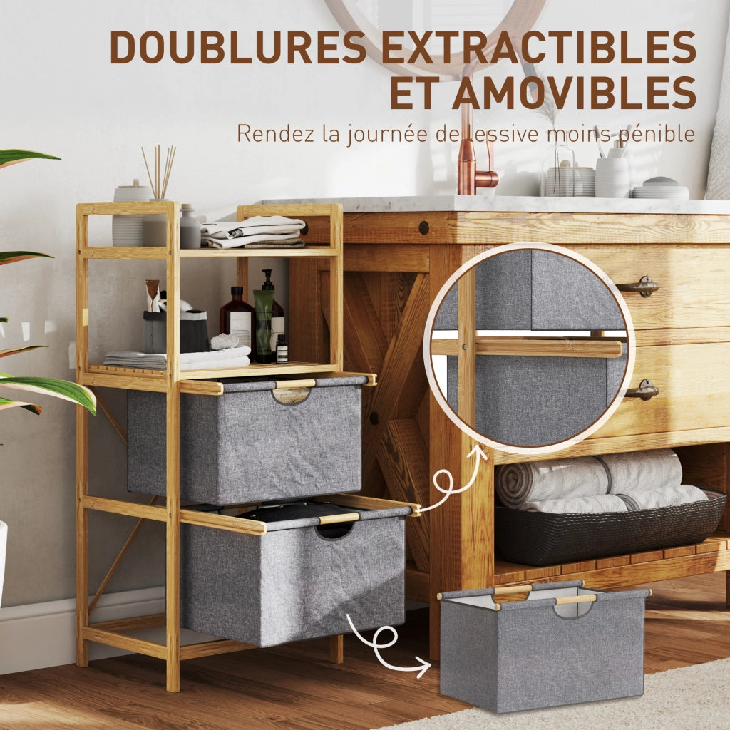 Cestino per il bucato in bamb¨´ con 2 sacchi in tessuto scorrevoli e ripiani aperti ¨C Minimal ¨C Naturale