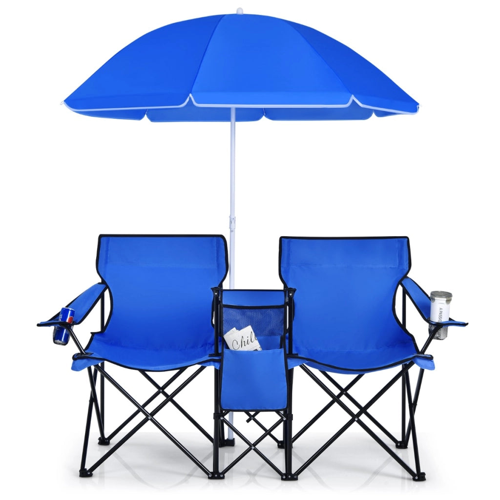 Sedia da picnic in acciaio portatile e pieghevole-Sedia da esterno con ombrellone mini tavolo porta bevande Blu