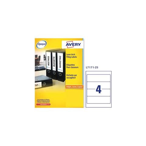Etichette bianche per raccoglitori avery ultragrip? 60x200 mm - 4 et/foglio - stampanti laser - conf 25 fogli l7171-25 - 101909
