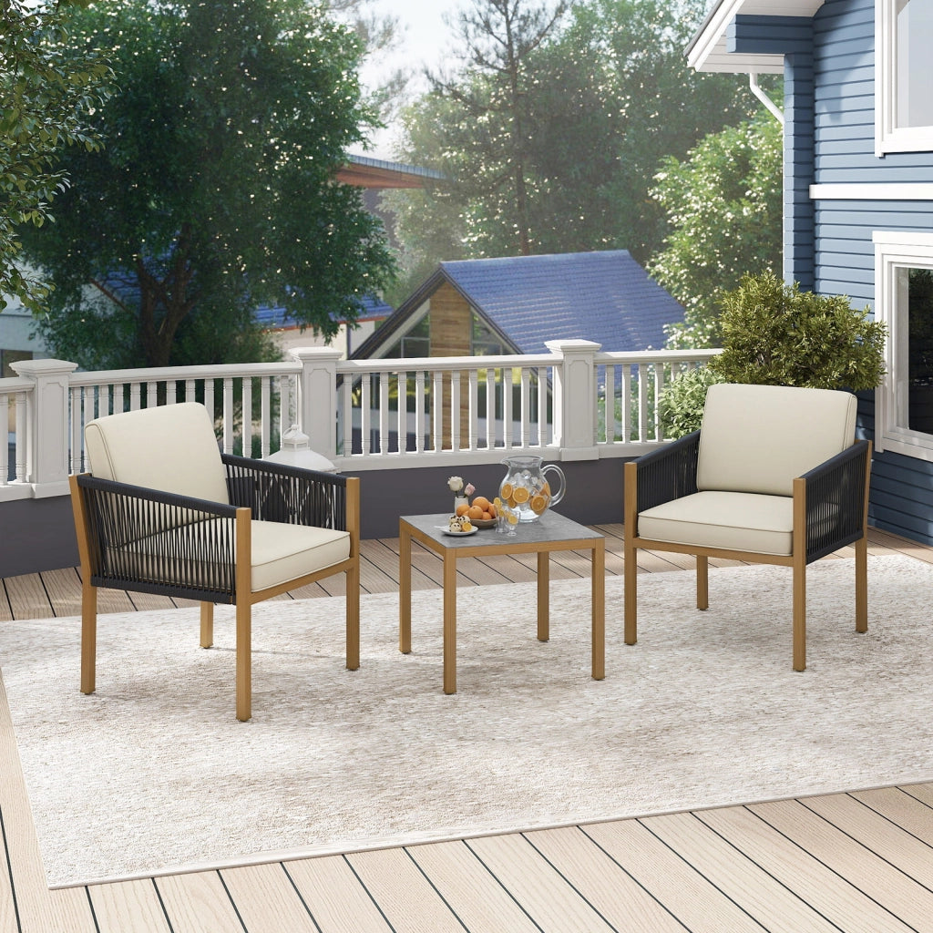 Set bistro da esterno 3 pezzi con corde intrecciate e cuscini, Tavolo e sedie per patio balcone terrazza e giardino Beige