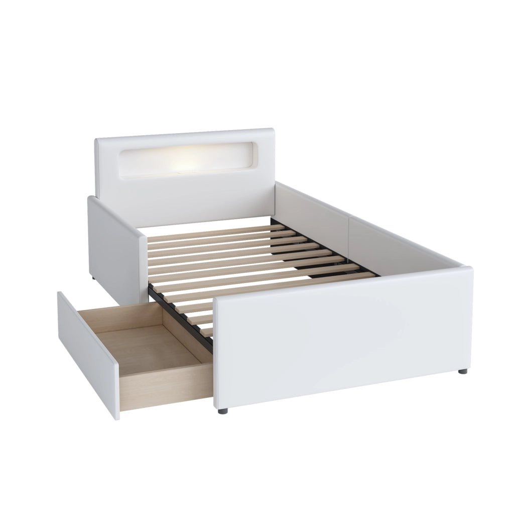 Letto per bambini 90x200 cm con luce notturna, USB e cassetti in similpelle bianca