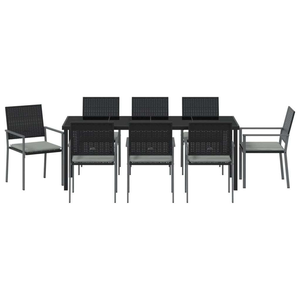 Set da pranzo da giardino 9 pezzi con cuscini in polyrattan nero