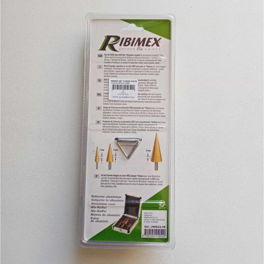 Ribimex set 3 punte frese a scalini hss per legno acciaio plastica