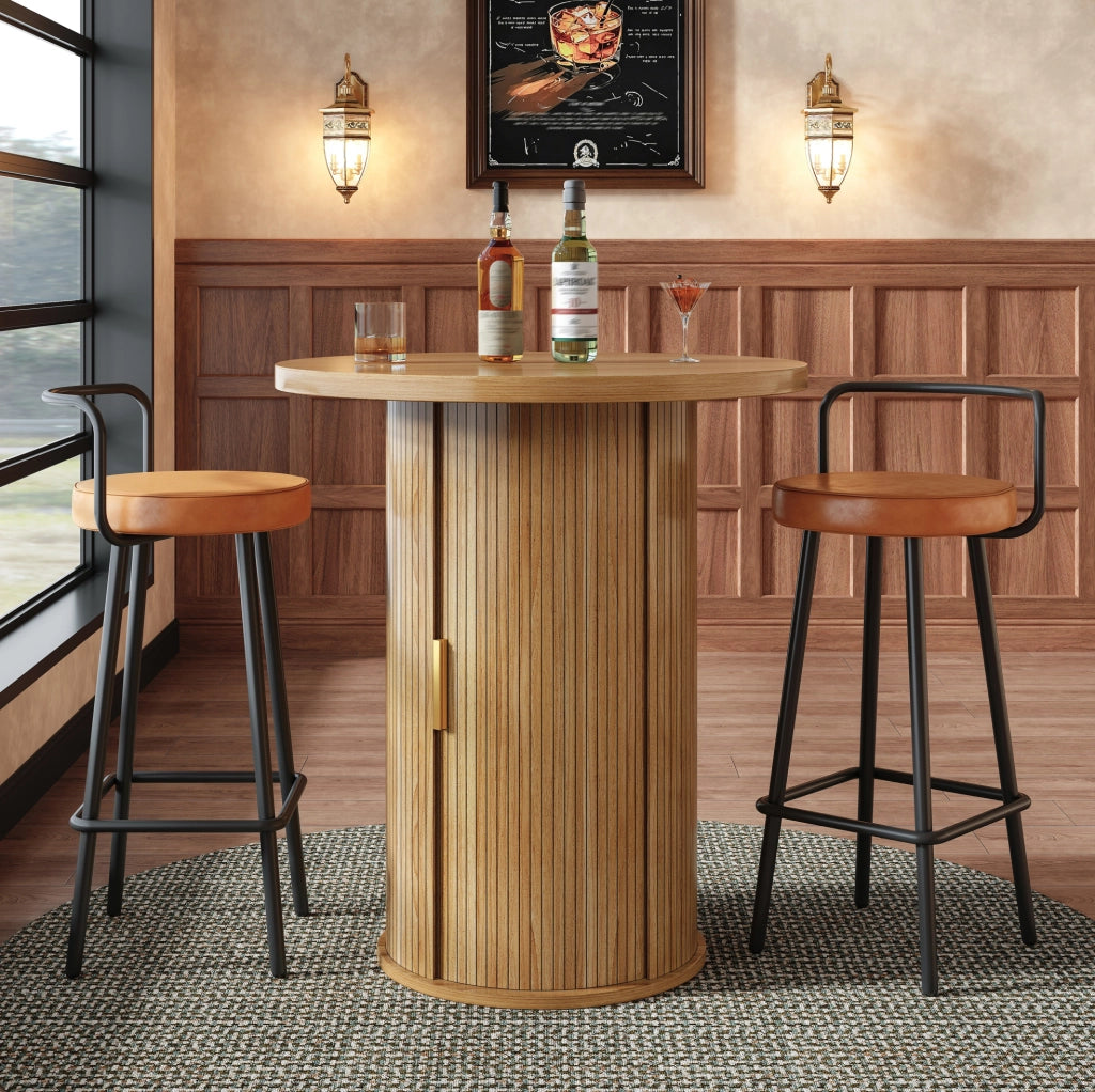Tavolo bar rotondo con spazio contenitore 60x60x91;6 cm in MDF e metallo; effetto legno