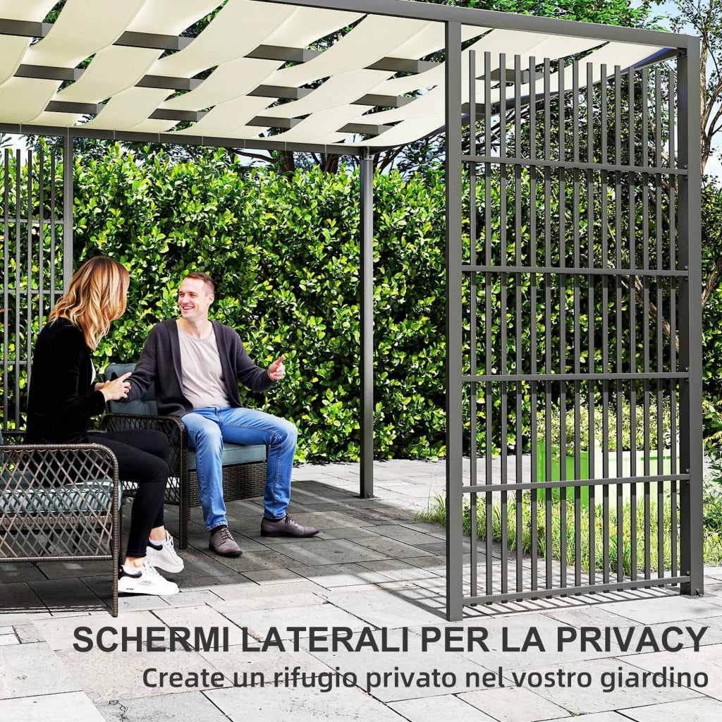 Pergola Gazebo da Giardino 295x295x210 cm Copertura Ondulata e Pannelli Laterali in Metallo Nero